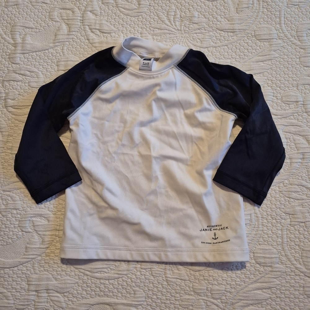 Janie and Jack boys 6-12 months white with blue sleeve swim rash guard GUC